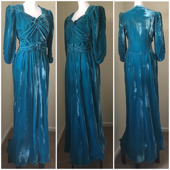 Vintage Dresses & Skirts - Vintage 1930's art deco blue silk velvet gown 8